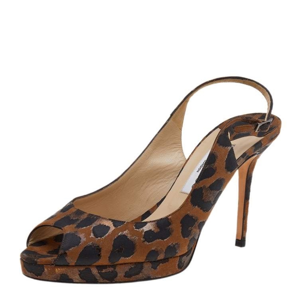 Jimmy Choo Brown Leopard Print Platform Peep Toe Slingback Sandals Size 9.5